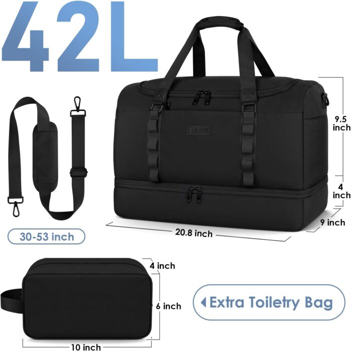 ETRONIK Travel Duffle Bag for Men Women, Weekender Overnight Bag with Shoe Compartment & Toiletry Bag, Gym Bag, Carry on Bags for Sports Business Trip Airplanes Black - Image 6