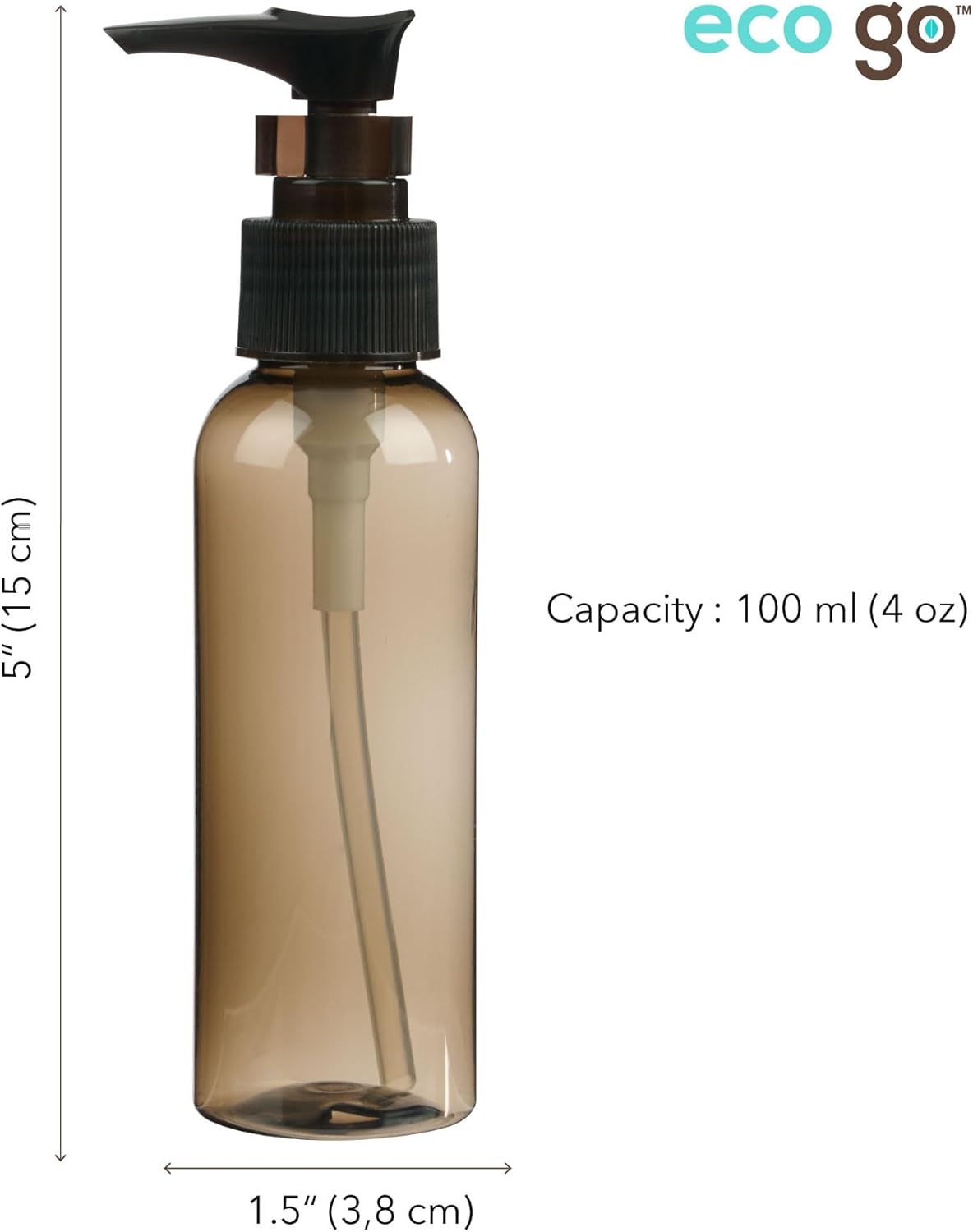 Eco Go 10pc travel set for toiletries, TSA and carry-on approved for shampoo & skin care, includes 5 x 100mL bottles, 1x 100mL pump, 1 x 100mL spray bottle, and 3 x 11mL jars. Beautiful colors (amber, turquoise, brown and clear). BPA-free. - Image 3