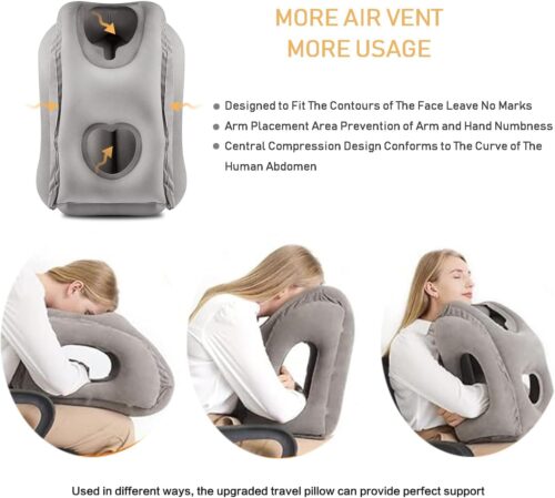 Airplanes Inflatable Travel Pillow, Neck Pillow Avoid Neck Shoulder Pain Comfortably Support Head for, Trains, Cars and Office Napping (Grey)