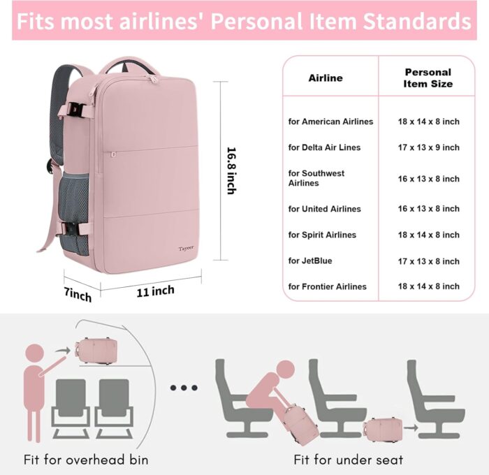 Travel Backpack for Women, Carry On Backpack with USB Charging Port & Shoe Pouch, TSA 15.6inch Laptop Backpack Flight Approved, College Nurse Bag Casual Daypack for Weekender Business Hiking, Pink - Image 3
