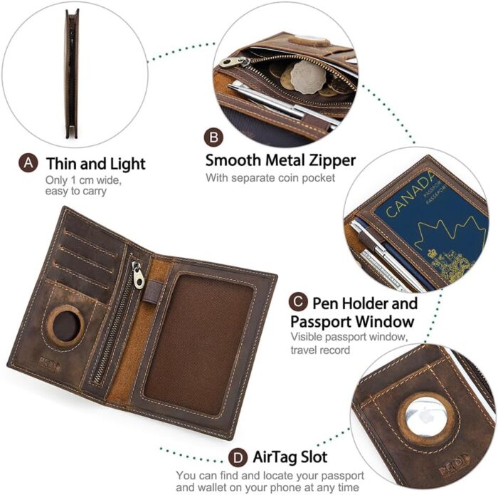 CONTACT'S Full Grain Leather Airtag Passport Holder RFID Blocking Travel Passport Wallet Slim Passport Cover Case with 4 Cards Slots, Coin Pocket (Badge, Brown) - Image 5