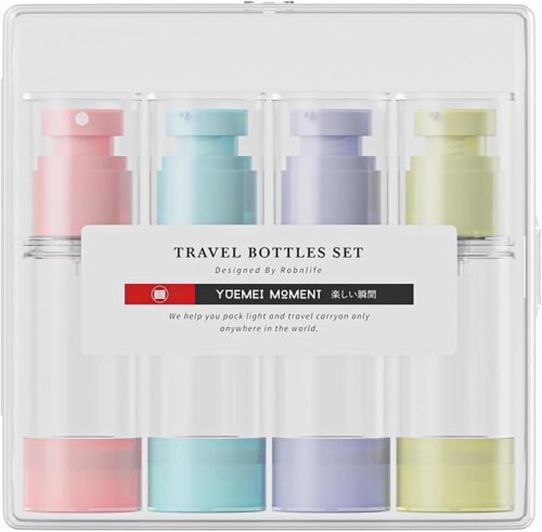 WEZCHUGHAOL Travel Bottles Set, 30ml Airless Pump Jars and Spray Bottle, Candy-Colored Leak-Proof Travel Containers for Toiletries, Compact with Portable Case (4 Pack)