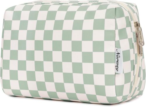 Narwey Checkered Makeup Bag Travel Cosmetic Bag Organizer Toiletry Bag Make Up Bags with Compartments for Women Girls (Large, Mint Green Checkerboard)