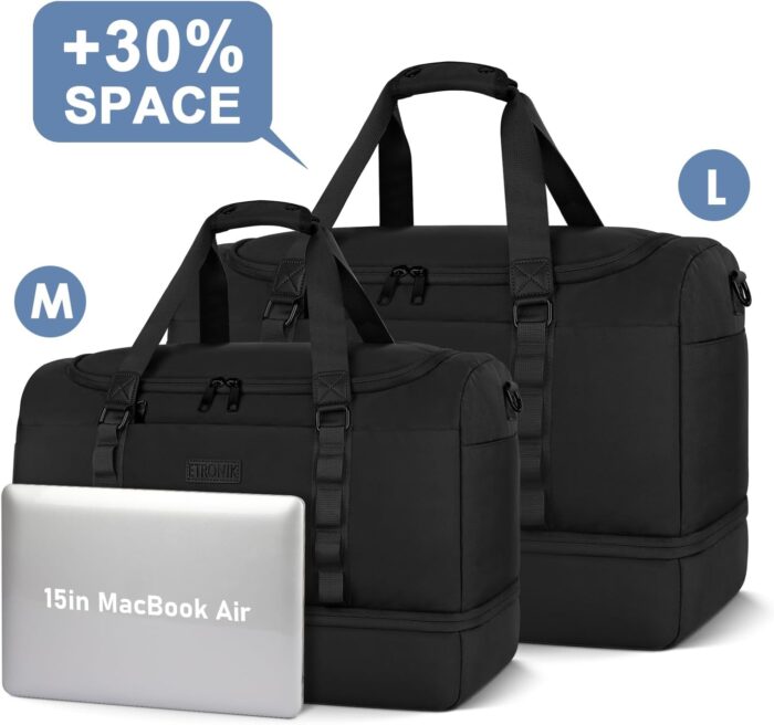 ETRONIK Travel Duffle Bag for Men Women, Weekender Overnight Bag with Shoe Compartment & Toiletry Bag, Gym Bag, Carry on Bags for Sports Business Trip Airplanes Black - Image 5