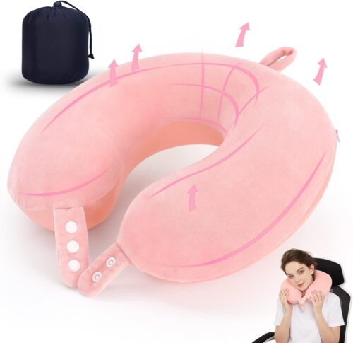 Wirqo Travel Pillow, Best Memory Foam Neck Pillow for Airplane, Head Support Comfortable Pillow for Sleeping Rest, Train, Car & Home Use (Pink)