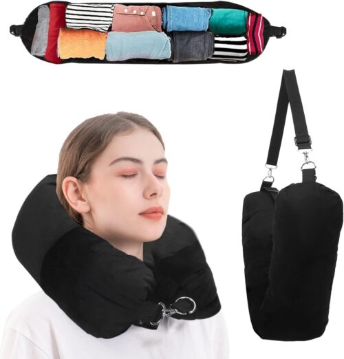 Stuffable Travel Pillow, Ostrich Neck Pillow for Travel, Packable Pillow with Up to 3 Days Clothes, Travel Neck Pillow by Airplane or Car, Essential Travel Accessory (Black)
