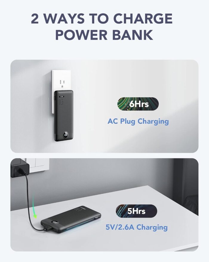 VRURC Portable Charger with Built-in Cables and AC Wall Plug, 10000mAh Power Bank USB C Phone Charger 5 Output 2 Input LED Display Ultra Slim External Battery Pack Compatible with Smart Devices-Black - Image 4