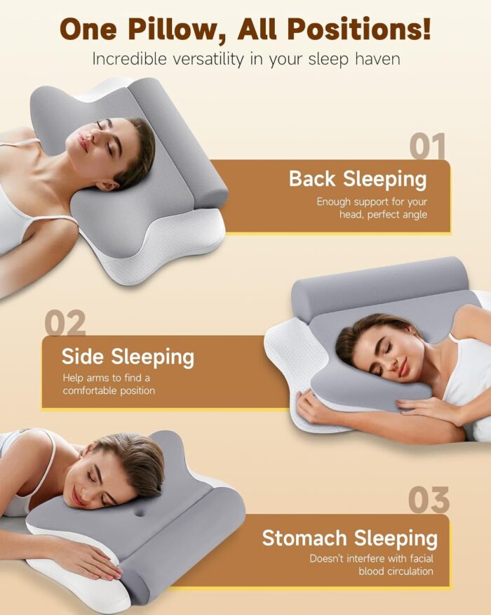 Cervical Pillow and Roll Neck Pillow 2 in 1 Detachable - Memory Foam Pillow, Ergonomic Pillow, Cervical Pillows for Sleeping, Side Sleeper Pillow for Neck Pain Relief (Gray & White) - Image 7