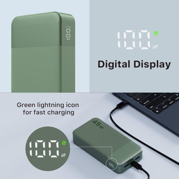 Nobis Power Bank, 20000mAh Portable Charger, 45W USB C in & Out Fast Charging, 4 Ports External Battery Pack with LED Digital Display, Compatible with MacBook, Phone 15 14 13 Pro S23 (Green) - Image 6