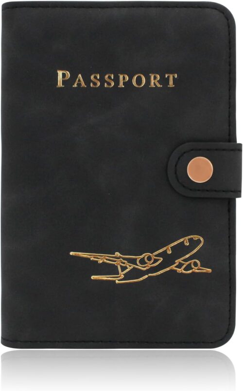 FuninCrea Passport Holder, PU Leather Passport Cover Slim Passport Wallet with Buckle, Portable Passport Travel Organizer with Planes Pattern for Passport, Cards, Boarding Passes (Black)