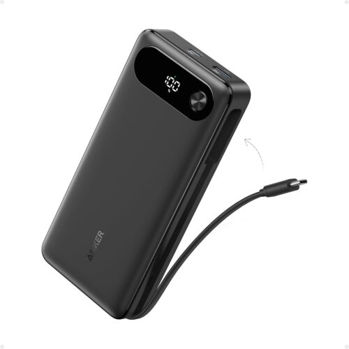 ANKER Power Bank, 20,000mAh Travel Essential Portable Charger with Built-in USB-C Cable, 3-Port 87W Max Fast Charging Battery Pack, for MacBook, iPhone 17/16/15 Series, Samsung, Switch, and More