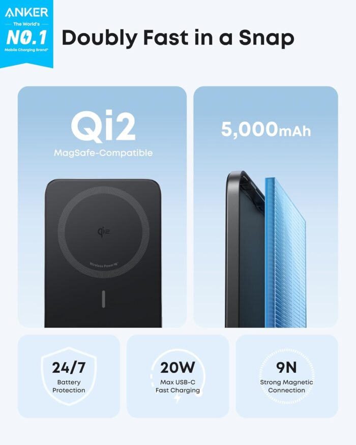 Anker Nano Power Bank, Ultra-Slim 5,000mAh Magnetic Battery Pack, Qi2 Certified 15W Max Ultra-Fast MagSafe-Compatible Portable Charger, Ergonomic Design, for iPhone 17/16/15/14/13/12 Series Only - Image 2