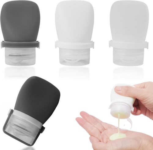 1oz Silicone Travel Bottles for Toiletries (4-Pack), TSA Approved Leakproof Toiletry Bottles with Locking Lid, Refillable Travel Size Containers for Shampoo, Body Wash, Camping & Trips