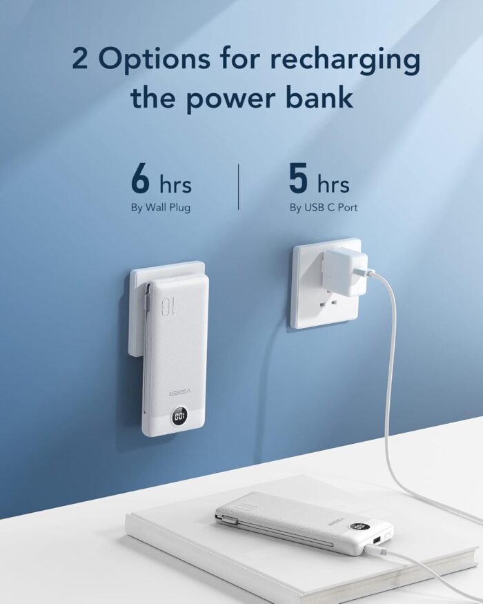 VEGER Portable Charger, 10000mAh Power Bank with Built-in Cables&Wall Plug, USB C Phone Chargers 5 Outputs 2 Inputs Travel Essentials, Slim External Battery Pack Compatible with iPhone, Android(White) - Image 5