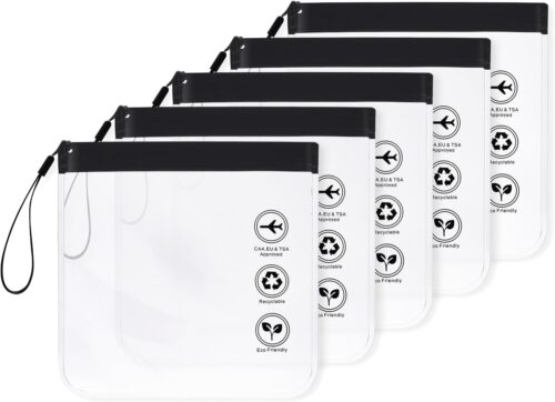 5pcs Clear Travel Toiletry Bags-20x20cm TSA Approved Quart Size Waterproof Liquids Bag -100% 3-1-1 Compliant Clear Travel Bags for Toiletries & Cosmetics- 1L Travel Essentials Makeup Bag