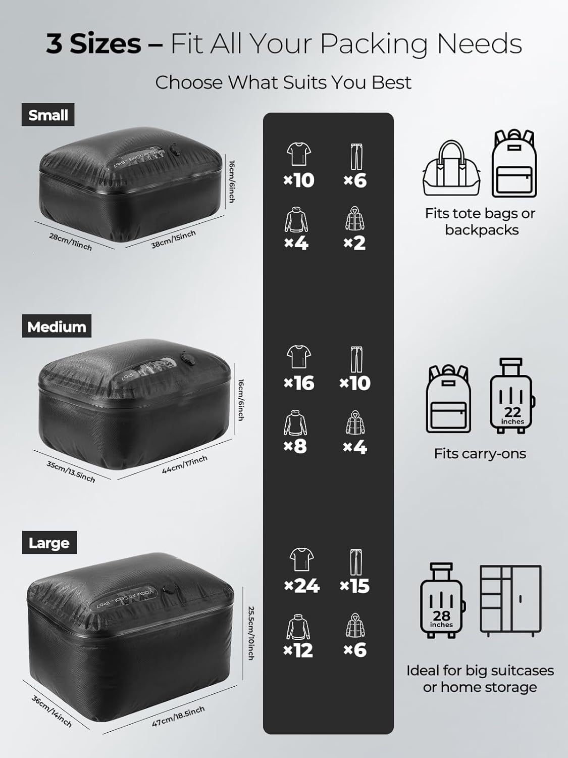 POIXM Vacuum Bags for Travel with Wireless Pump, 180° Open Zipper, IP67 Waterproof, Reusable Space Saver Compression Bags for Backpack, Suitcase, Home Storage(2 Pack + Pump) - Image 9