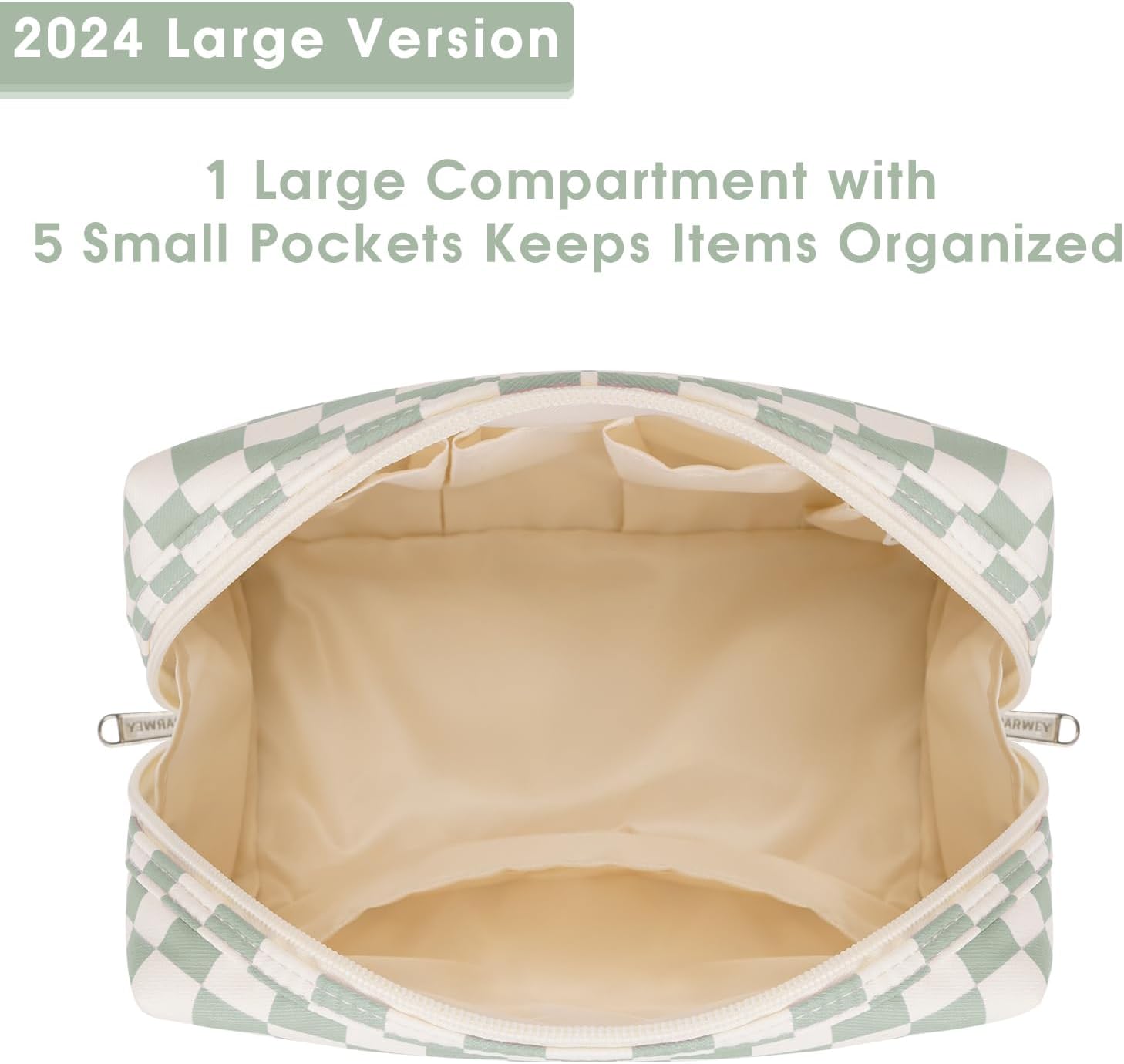 Narwey Checkered Makeup Bag Travel Cosmetic Bag Organizer Toiletry Bag Make Up Bags with Compartments for Women Girls (Large, Mint Green Checkerboard) - Image 4