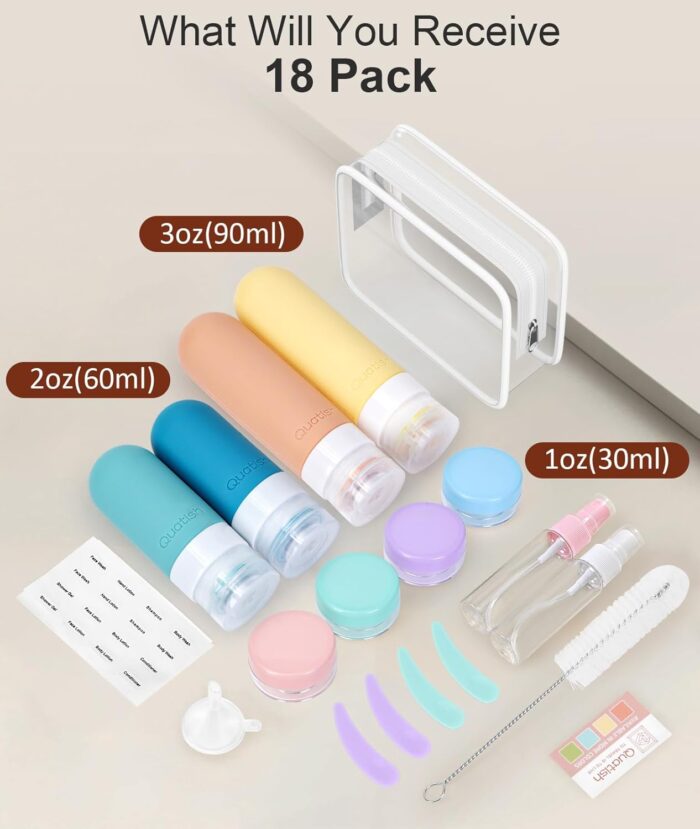 18 Pack Travel Bottles for Toiletries, Original Patented, TSA Approved Travel Size Toiletries, Leak Proof Silicone Refillable Liquid Containers for Toiletries, Travel Essentials, Multicolor - Image 2