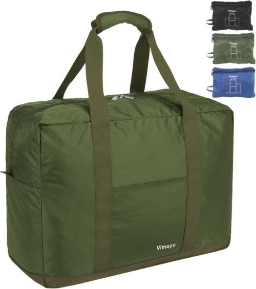 Vimapo Foldable Travel Duffle Bag with Trolley Sleeve 40L - 18x14x8 inches Airline Underseat Lightweight Travel Bag - Packable Ripstop Nylon Carry on Bag (Army Green)