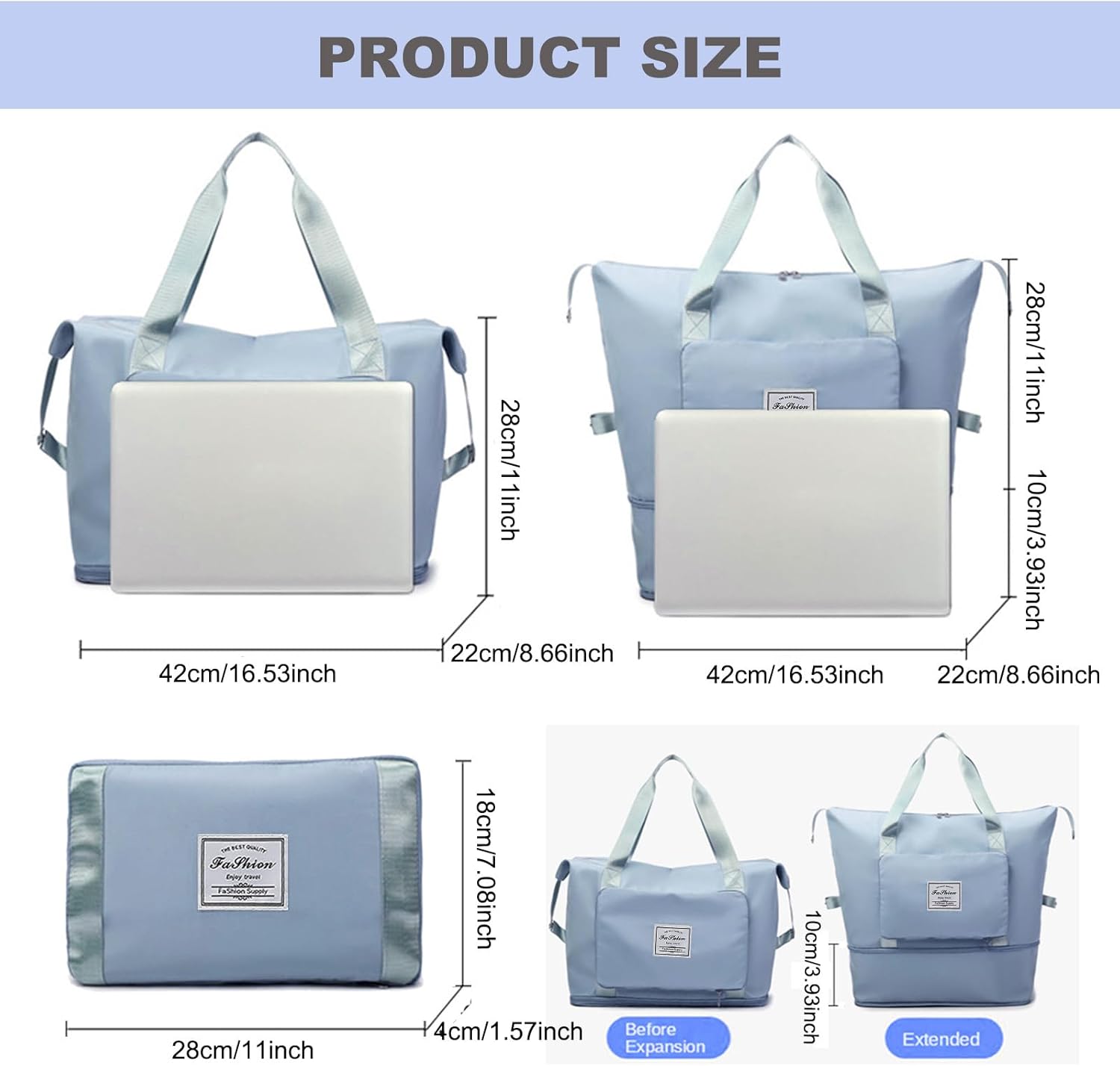 Large Capacity Travel Bag, Foldable Travel Bag, Expandable Travel Duffel Bag, Collapsible Waterproof Large Capacity Travel Handbag, Overnight Bag for Women and Man (Blue) - Image 3