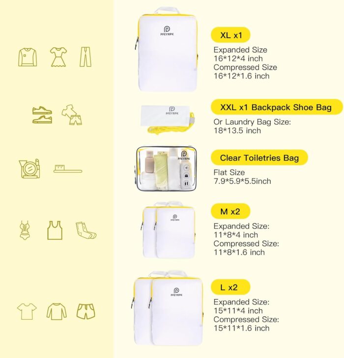 PFEYRPK Lightweight Compression Packing Cubes for Suitcases, Compressible Expandable Travel Packing Organizer with Clear Toiletries and Backpack Bag, Travel Essentials for Carry on Luggage 7 Set - Image 6