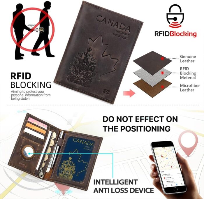 CONTACT'S Full Grain Leather Airtag Passport Holder RFID Blocking Travel Passport Wallet Slim Passport Cover Case with 4 Cards Slots, Coin Pocket (Badge, Brown) - Image 3