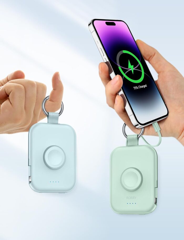 RORRY Portable Charger, 5000mAh Portable Charger Power Bank with Built-in Cables, Travel Keychain Battery Pack for Apple Watch Ultra 3/2/11/10/9/8/Ultra/7/6/SE, iPhone 17/16/15/14/13/12, Blue - Image 6