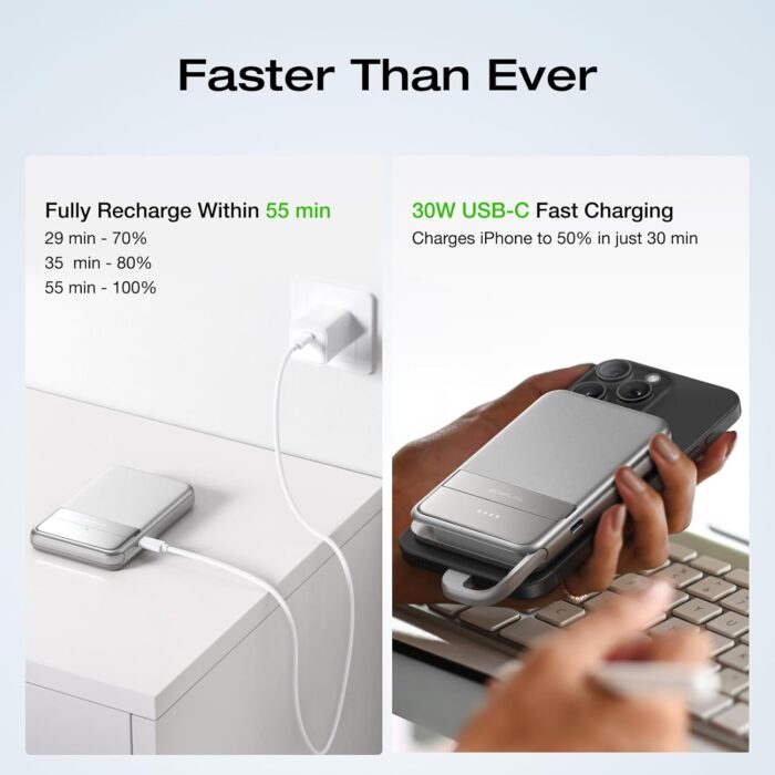 EF ECOFLOW Rapid Power Bank Wireless 5000mAh, Qi2 Certified Ultra-Fast Magnetic Portable Charger with Stand & Built-in USB-C Cables, Battery Pack Compatible with iPhone 16/15, Samsung, iPad, AirPods - Image 4