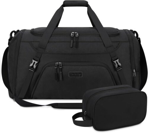 40L Travel Duffle Bag Waterproof Carry on Duffel Bag Weekender Duffle Bags Large Sport Gym Bag Overnight Bag for Men and Women with Shoe Compartment and Toiletry Bag, Black