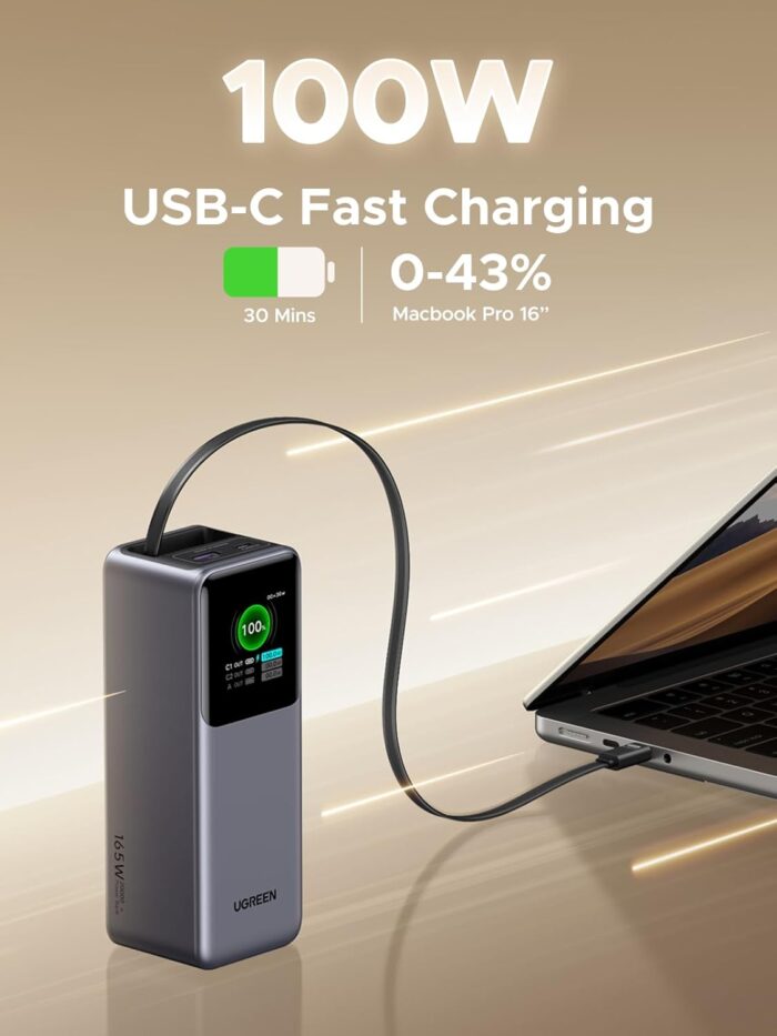 UGREEN 20,000mAh Laptop Power Bank for MacBook, Built-in and 100W Retractable Cables, 165W Portable Charger for Multi-Device Charging, Smart Digital Display, Compatible with iPhone 17 Series and More - Image 5