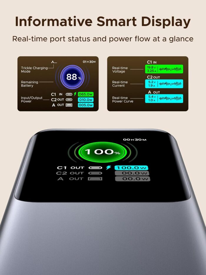 UGREEN 20,000mAh Laptop Power Bank for MacBook, Built-in and 100W Retractable Cables, 165W Portable Charger for Multi-Device Charging, Smart Digital Display, Compatible with iPhone 17 Series and More - Image 8