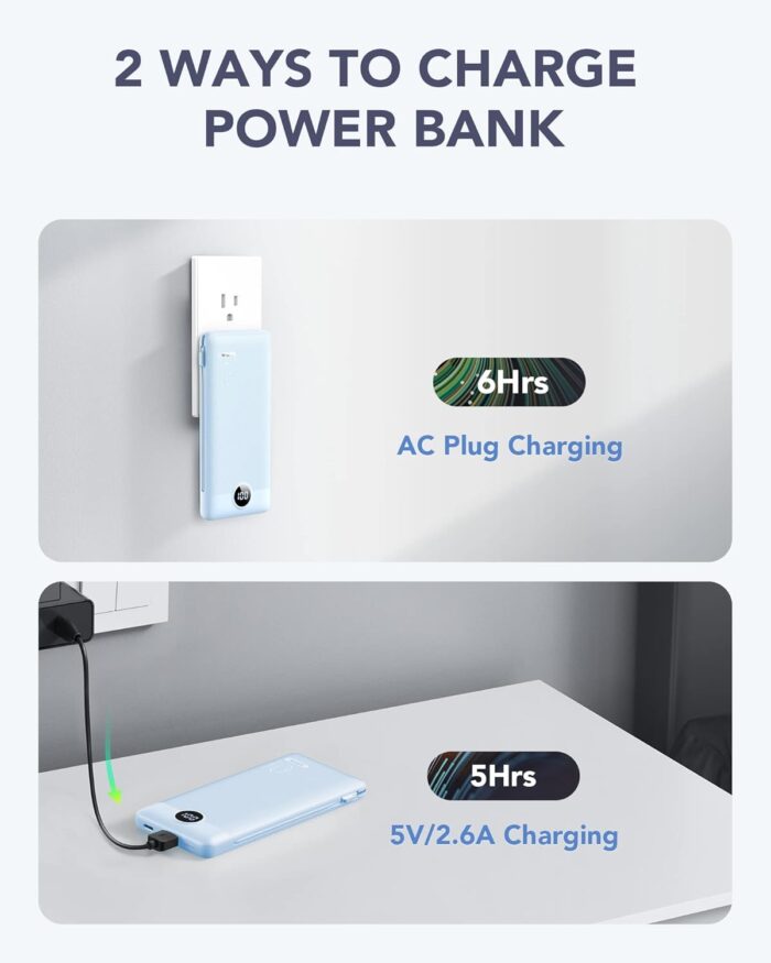 Power Bank Built-in Cables, VRURC 10000mAh Portable Charger USB C, Lightweight Charging Bank Built-in AC Plug, Replacement Battery Compatible with All Kinds of Cellphones, Tablet etc-Blue - Image 5