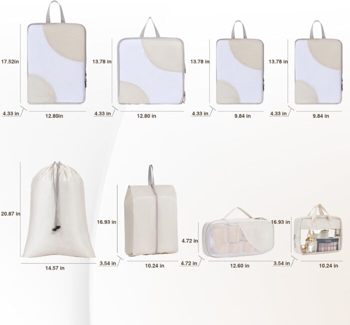 Compression Packing Cubes Travel Organizer,Travel Packing Cubes Compressible for Carry on Luggage Lightweight Expandable Luggage Travel Accessories,8 Set, Beige - Image 7