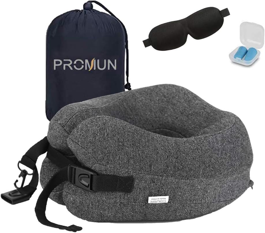PROMUN Super Soft Head and Neck Support Travel Pillow, Premium Memory Foam U Shape Pillow with Small Bag, 360-Degree Protection for Airplanes, Cars, Buses, Trains, Office Napping, Camping (Dark Gray)