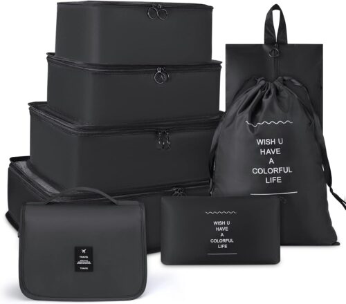 8 Set Packing Cubes Travel Organizer Waterproof Travel Cubes Set Foldable Compression Packing Cubes for Carry on Luggage Suitcase Organizer Bags with Hanging Toiletry Bag, Shoe Bag & Laundry Bag, Black