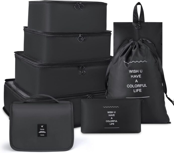 8 Set Packing Cubes Travel Organizer Waterproof Travel Cubes Set Foldable Compression Packing Cubes for Carry on Luggage Suitcase Organizer Bags with Hanging Toiletry Bag, Shoe Bag & Laundry Bag, Black