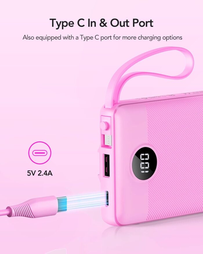 Portable Charger 10000mAh,VRURC Slim LED Display Power Bank, 5 Output 2 Input Cell Phone Battery Pack, Built-in Micro & USB C Cables Phone Charger Compatible with iPhone,Samsung,Android etc-Rose Red - Image 6