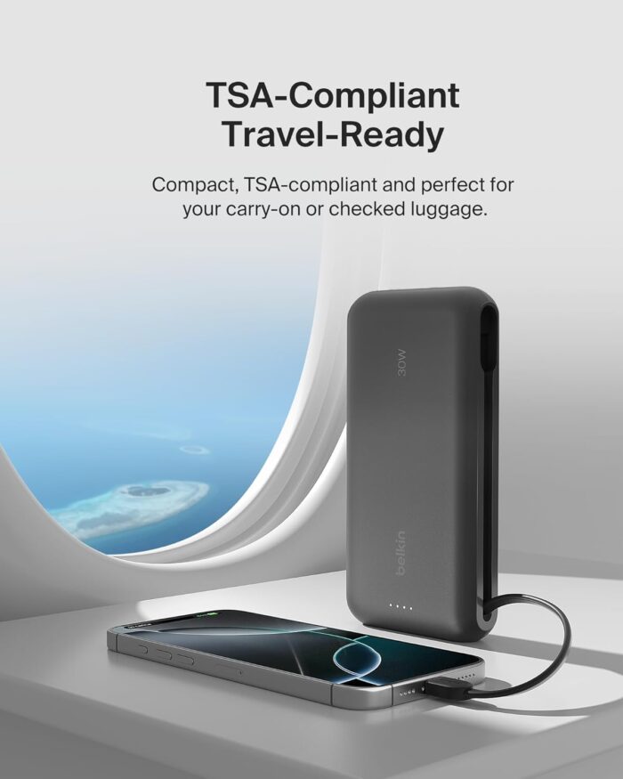 Belkin Portable Charger, Power Bank with Integrated Cable 20000 mAh 30W - Fast Charging USB C Power Delivery, iPhone Charger - iPhone 16 Series, iPad Pro, Galaxy S25 Series, & More - Black - Image 8