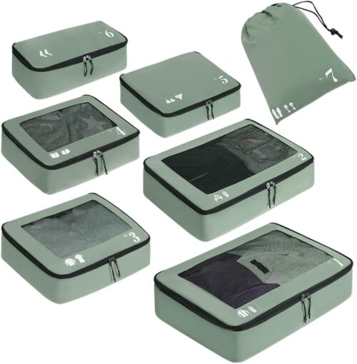 ECOHUB Packing Cubes 7 Set Tear-Resistant Packing Cubes Travel Organizer with ID Tag for Carry On Luggage Machine Washable Suitcase Organizer Bags Travel Cubes(Green)