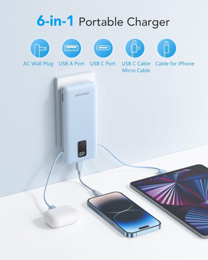 Charmast Portable Charger with Built-in Cables and AC Wall Plug, 10000mAh Ultra Slim Power Bank with 5 Outputs & 2 Inputs, External Battery Pack Compatible with iPhone 14/13, Samsung Galaxy, etc - Image 2