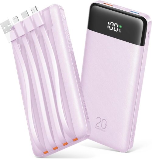 20000mAh Power Bank Fast Charging, Portable Charger with 4 Built-in Cables & 6 Outputs, 20W PD USB C Battery Pack Travel Essential Compatible with iPhone 16/15 Galaxy Google LG iPad & More (Lilac)