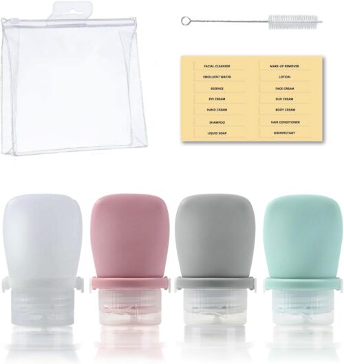 1.3oz (38ml) Silicone Travel Bottles for Toiletries (4-Pack), Leak Proof Refillable Squeezable Containers (FDA Passed) Travel Containers for Shampoo Conditioner Lotion Liquids with Storage Bag Tag