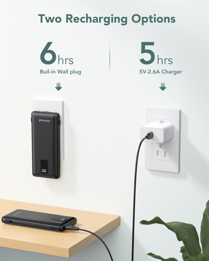 Charmast 10000mAh Portable Charger with Built-in Cables and AC Wall Plug,USB C Battery Pack Power Bank,5 Output 2 Input Battery Pack Compatible with iPhone 16/15/14/13/12,Andriod Series - Image 3