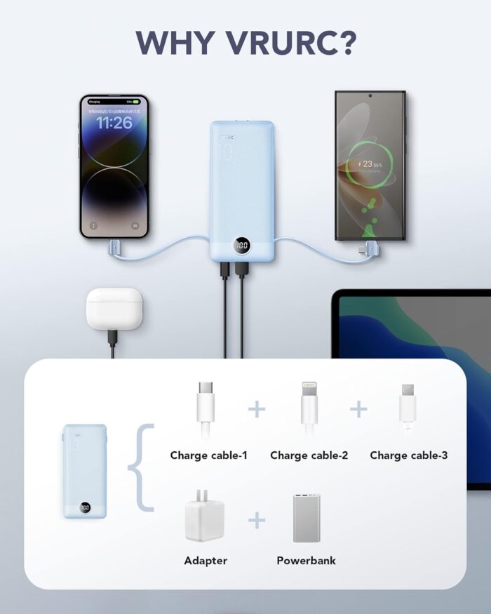 Power Bank Built-in Cables, VRURC 10000mAh Portable Charger USB C, Lightweight Charging Bank Built-in AC Plug, Replacement Battery Compatible with All Kinds of Cellphones, Tablet etc-Blue - Image 3