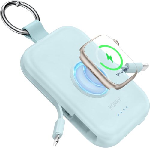 RORRY Portable Charger, 5000mAh Portable Charger Power Bank with Built-in Cables, Travel Keychain Battery Pack for Apple Watch Ultra 3/2/11/10/9/8/Ultra/7/6/SE, iPhone 17/16/15/14/13/12, Blue