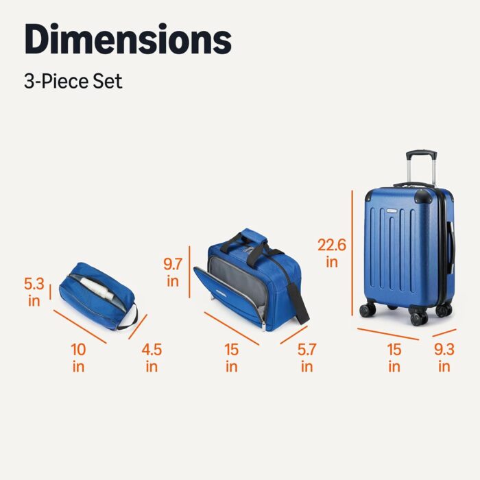 Amazon Basics 3-Piece Luggage Set, Including One Carry On Luggage (56 cm Expandable Hardside Suitcase With 8 Spinner Wheels), a 38 cm Tote Bag and a 25 cm Compact Travel Bag, Navy Blue - Image 6
