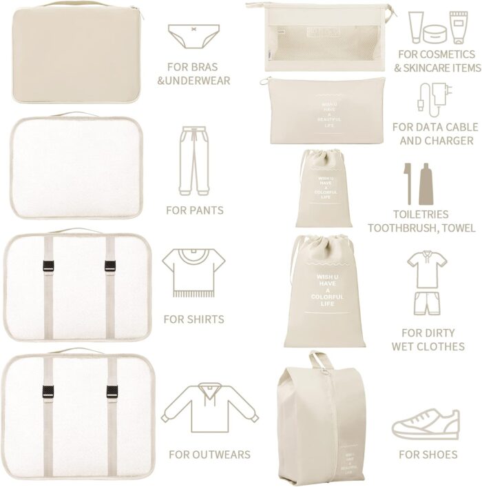 Awvuq 9 Set Packing Cubes Travel Organizer Foldable Travel Packing Cubes Waterproof Compression Packing Cubes for Carry on Luggage Clothes Shoes Travel Accessories (Beige) - Image 3