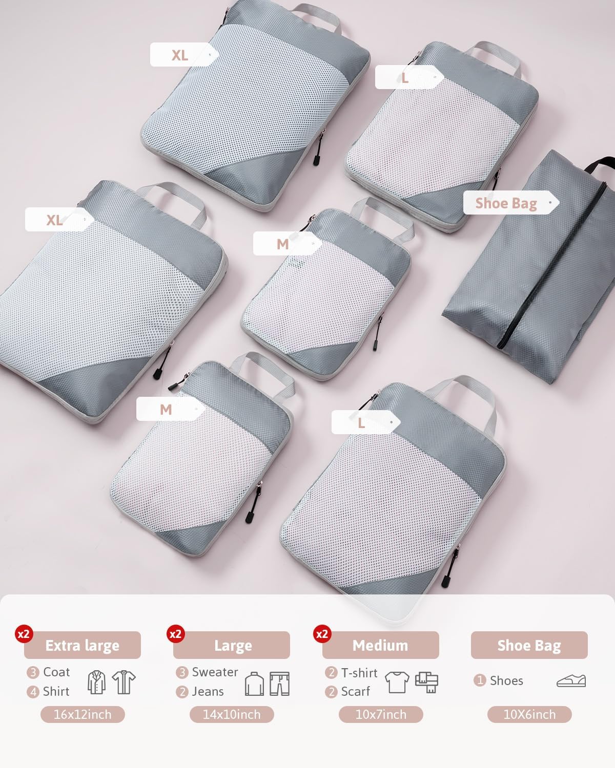 Meowoo Compression Packing Cubes Travel Organizer 7 Set, Ripstop Mesh Travel Organizers for Luggage Multi-Functional Ultralight Expandable Travel Luggage for Carry on Luggage, Travel, Backpack - Image 2