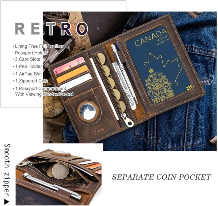 CONTACT'S Full Grain Leather Airtag Passport Holder RFID Blocking Travel Passport Wallet Slim Passport Cover Case with 4 Cards Slots, Coin Pocket (Badge, Brown) - Image 2