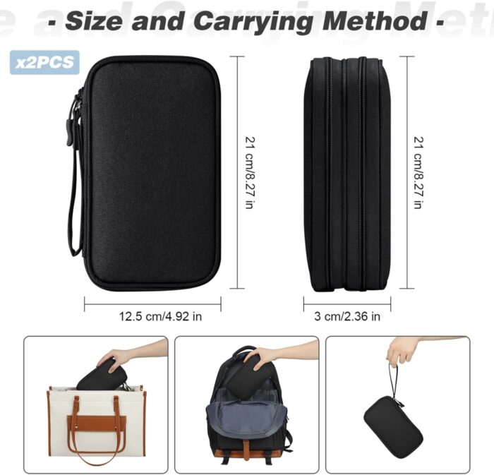 Electronics Travel Organizer 2 Pcs Tech Pouch with Double Layer Design Cable Organizer Bag Travel Essentials Waterproof Portable Storage Bag for Cable, Cord, Charger, Phone, Earphone,Black - Image 3